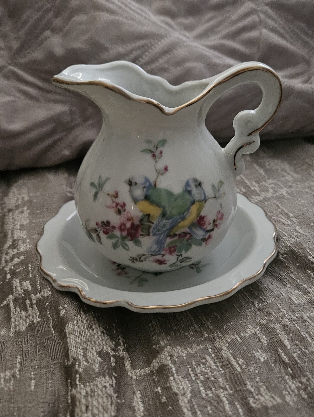 Royal Crown Creamer With Matching Dish, with Bird Floral Motif and Gold Trim